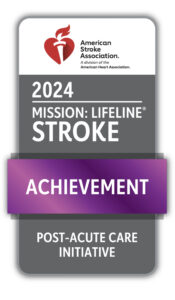 A badge from the American Stroke Association recognizing a 2024 Mission: Lifeline Stroke Achievement in post-acute care initiative.